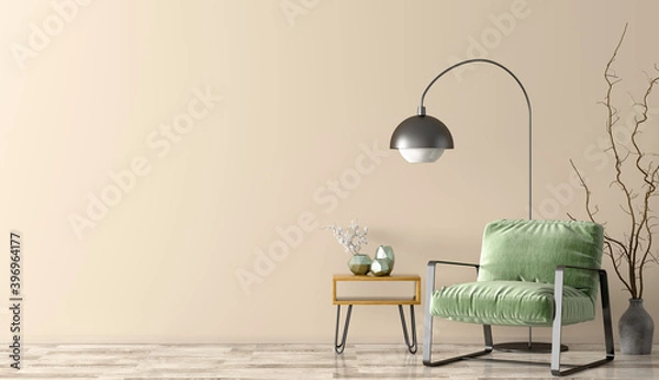 Fototapeta Interior design of living room with armchair and coffee table 3d rendering