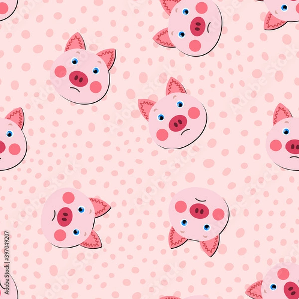 Fototapeta Vector flat animals colorful illustration for kids. Seamless pattern with cute pig face on pink polka dots background. Adorable cartoon character. Design for textures, card, poster, fabric, textile.