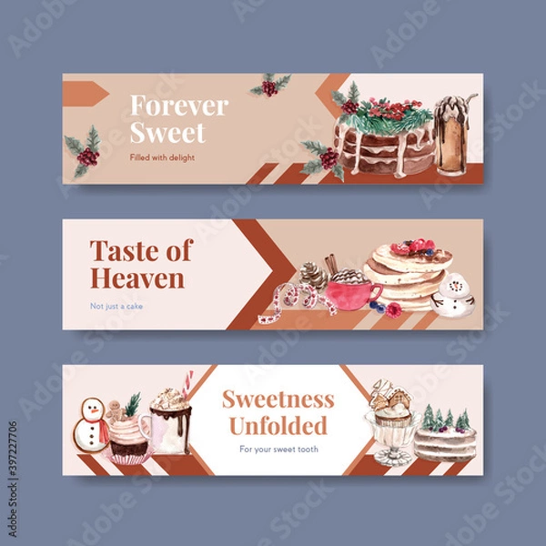 Fototapeta Banner template with winter sweets concept design for advertise and marketing watercolor vector illustration