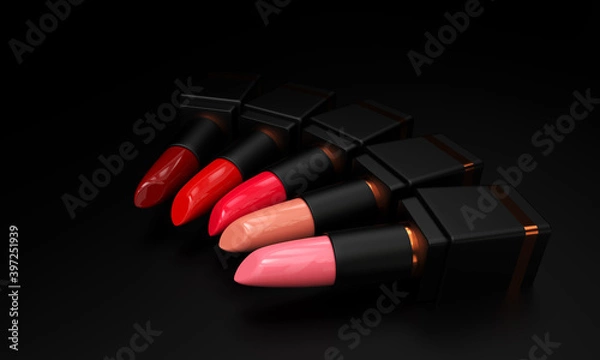 Obraz Lipstick. Fashion Colorful Lipsticks on black background. Lipstick tints palette, Professional Makeup and Beauty. Beautiful Make-up concept. Lipgloss. Lipsticks closeup. 3d rendering.