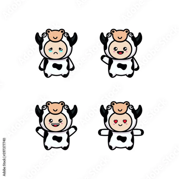 Obraz Set of Vector Cartoon Illustration. A Cute Cow for you Design