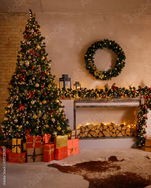 Obraz Christmas, New Year interior with red brick wall background, decorated fir tree with garlands and balls, dark drawer and deer figure