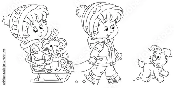 Fototapeta Merry little boy sledding a happy cute girl with a funny toy elephant and walking with a cheerful puppy on a frosty and snowy winter day, black and white outline vector cartoon illustration