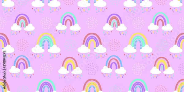 Fototapeta Abstract rainbow with clouds and raindrops, doodles and circles in a seamless pattern. Children's pattern in muted pastel colors. Hand-drawn vector illustration