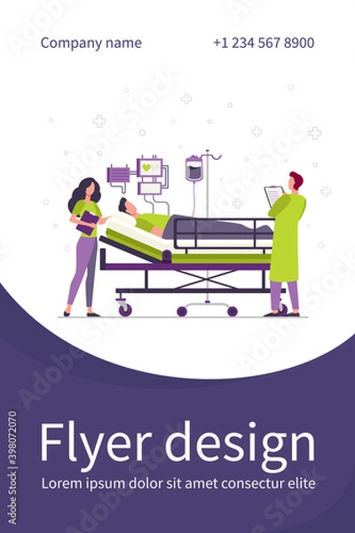 Fototapeta Doctor and nurse giving medical care to patient in bed isolated flat vector illustration. Cartoon medicine specialists giving support for man. Intensive therapy and healthcare concept