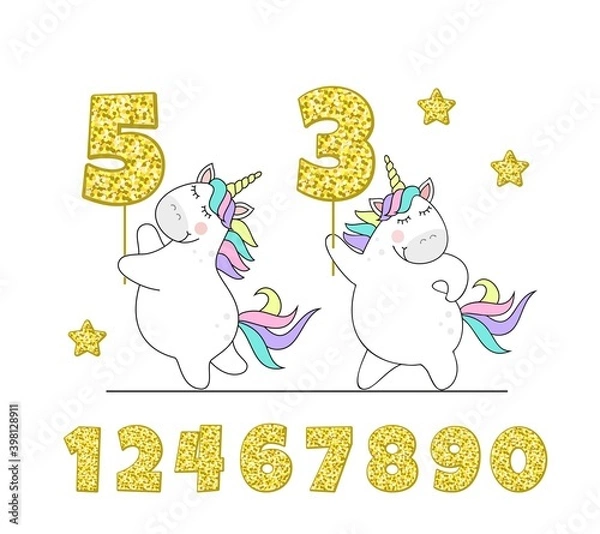 Fototapeta Two cute unicorns witha Golden number , a children's Birthday card.Vector illustration isolated on white background.