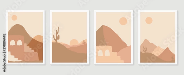 Obraz Desert illustration minimal wall arts design vector.  Collection of mountain and landscape of oasis town desert sand and giant saguaro cactus sunset hand drawn digital arts for print and wallpaper.