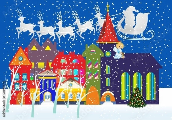 Fototapeta composition with Santa Claus, who rides in a sleigh and is pulled by reindeer, and there is a colorful city below