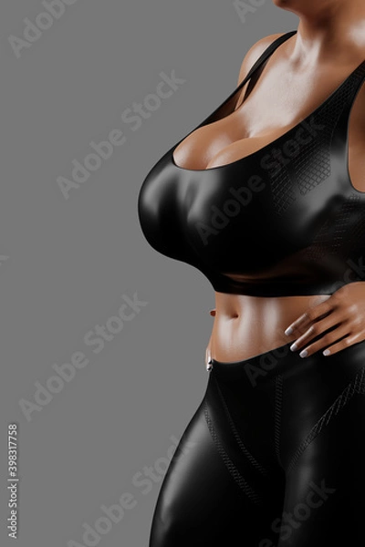 Fototapeta Young woman with big breasts in tight black sportswear