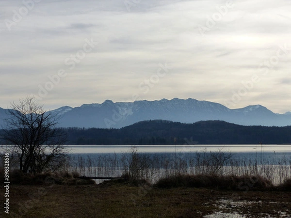 Fototapeta Lake Staffelsee, nature landscape with mountain panorma, Bavaria, Germany