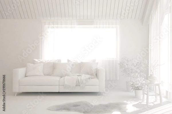 Fototapeta White minimalist living room with sofa. Scandinavian interior design. 3D illustration