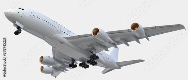 Fototapeta Flying airplane isolated on grey background. 3d rendering - illustration