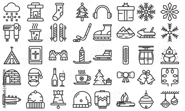 Fototapeta Christmas black outline icon set. Winter holiday collection, symbols. New year signs for web design and mobile app, outline style pictogram package isolated on white background. Vector graphic