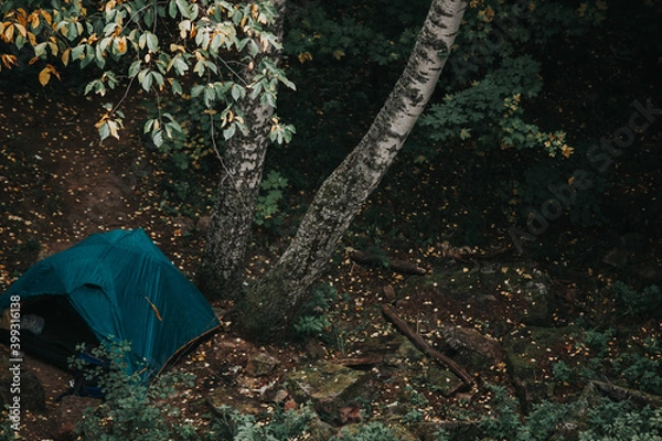 Fototapeta a blue tourist tent set up in the forest