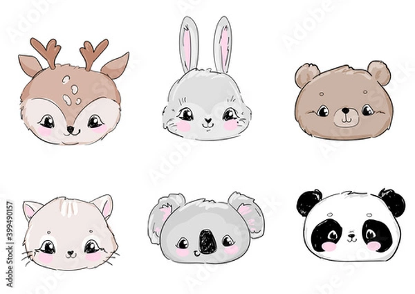 Fototapeta Cute Set Animals Vector Illustration, Bear, Cat, Bunny, Koala, Panda, Deer