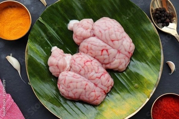 Obraz Uncooked Goat brain or Bheja or Mutton Brain.Perfect to cook bheja fry or bheja masala. Indian cooking ingredients. Copy space.