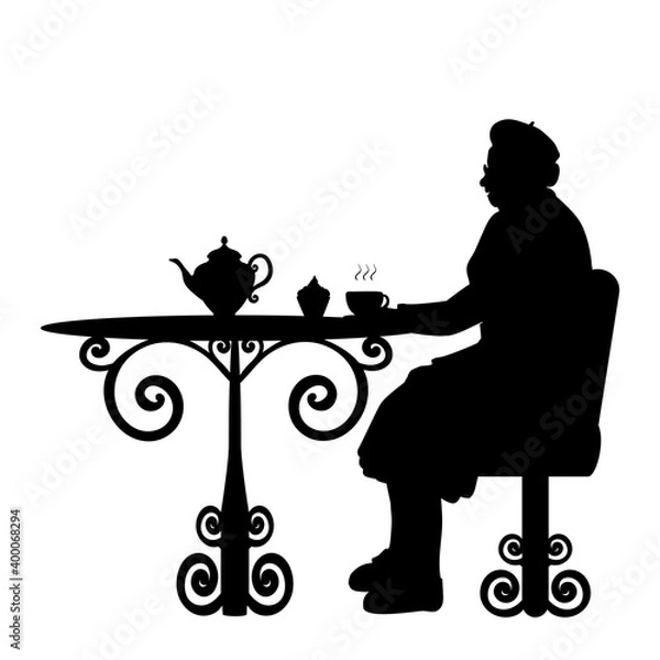 Fototapeta Silhouette senior woman grandma having tea at table