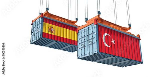 Fototapeta Freight containers with Turkey and Spain national flags. 3D Rendering 