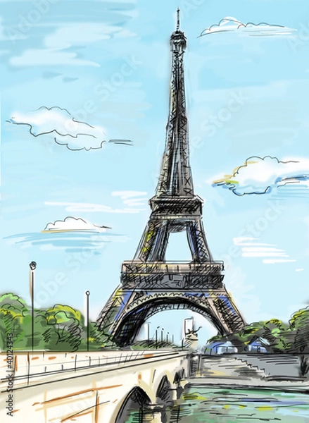 Fototapeta Parisian streets -Eiffel Tower illustration