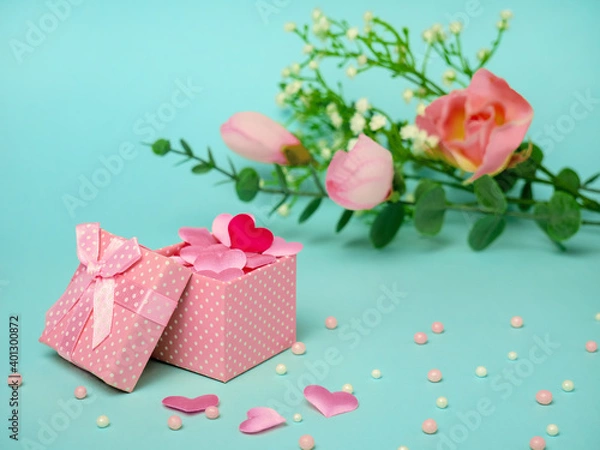 Fototapeta Gift pink box with hearts and flowers. Festive concept for Valentine's Day, Mother's Day or Birthday.