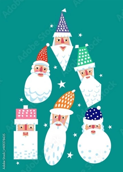 Fototapeta Hand drawn vector abstract fun cartoon Merry Christmas time illustration greeting card. A Christmas tree made of different shapes of Santa Claus heads. Bright colorful Christmas card.