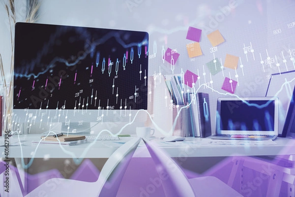 Fototapeta Double exposure of financial graph drawing and office interior background. Concept of stock market.