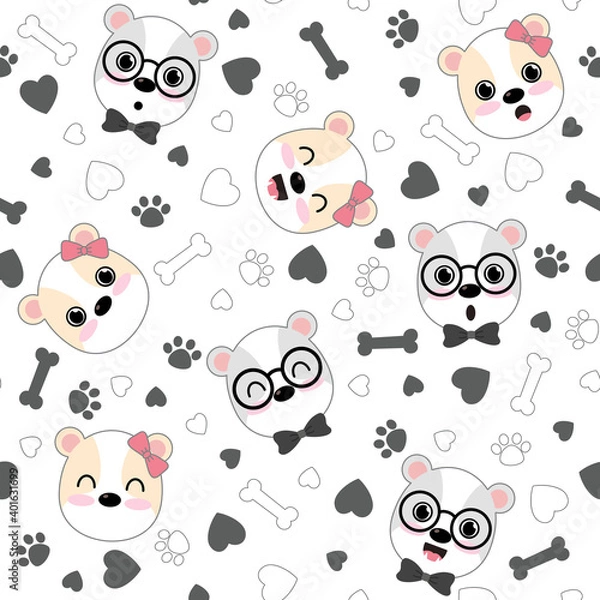 Fototapeta Cute Dogs pattern, different dogs seamless wallpaper, Valentine's day concept.