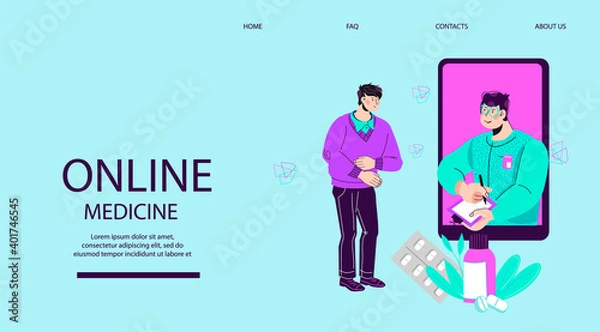 Fototapeta Doctor online and telemedicine website banner template. Man with stomach ache getting medical advice of doctors remotely, flat cartoon vector illustration.