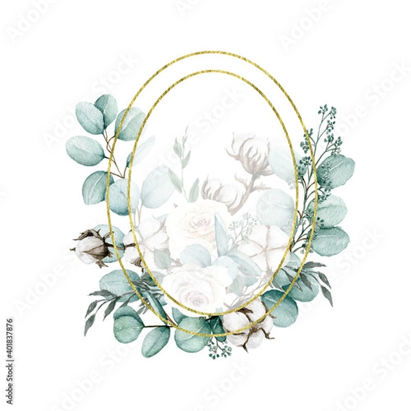 Fototapeta Watercolor oval Floral frame. Gold foliage geometric frame. Hadn painted Eucalyptus branches, cotton and white roses. Herbal greenery composition. 