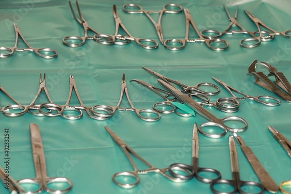 Fototapeta A tray of surgical steel instruments