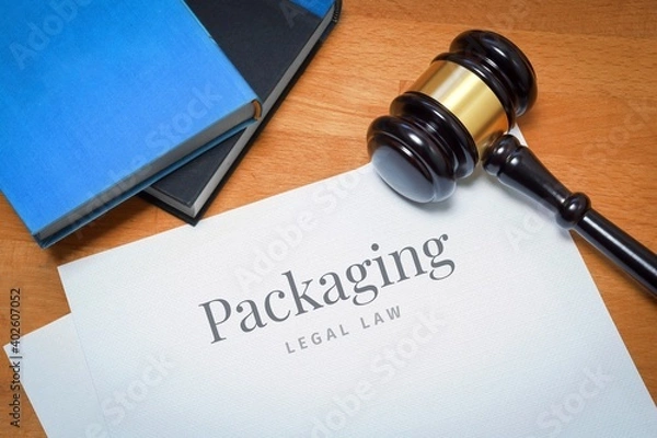 Fototapeta Packaging. Document with label. Desk with books and judges gavel in a lawyer's office.