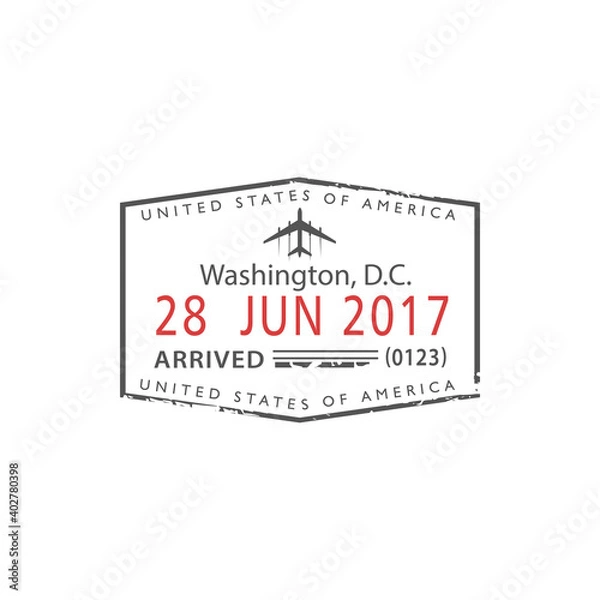 Fototapeta Washington D. C. airport visa stamp in passport isolated. Vector US border control, arrived sign