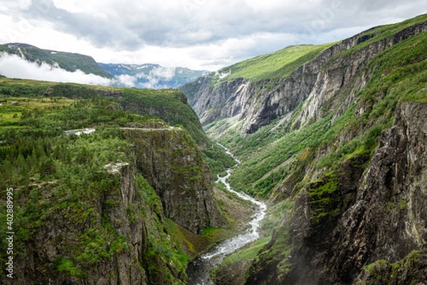 Fototapeta Valley from the Vøringsfossen with a river in Norway