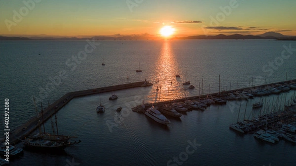 Fototapeta Aerial drone bird's eye view of marina in Athens with docked yachts, Piraeus Harbour port of Athens