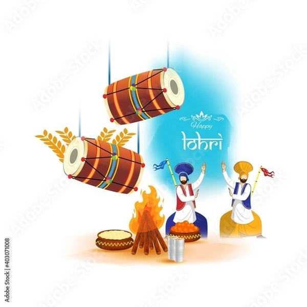 Fototapeta Vector illustration of Happy Lohri celebration concept banner, people dancing and celebrating with drum, Punjabi festival.