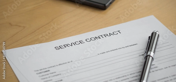 Fototapeta Hand of a men holding a pen writing a service contract form.  contract on the desk.