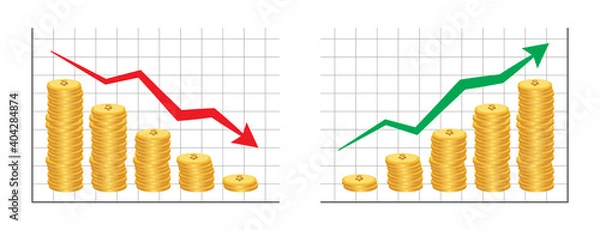 Fototapeta Coins Bar with arrow graph going up and down growth of financial and economy business infographic isolated on white background.