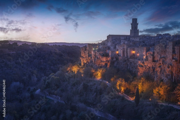 Fototapeta Tuscany, Pitigliano medieval village at blue hour. Italy