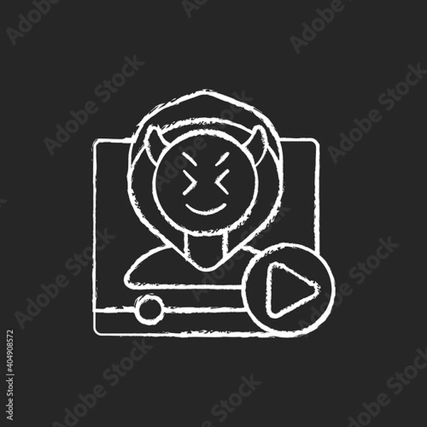 Fototapeta Video shaming chalk white icon on black background. Cyberbullying and cyberharassment. Watch online content. Internet troll. Social media negativity. Isolated vector chalkboard illustration