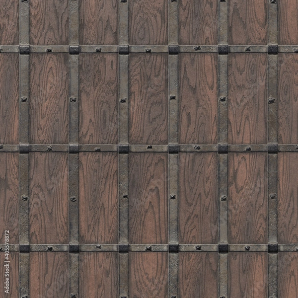 Fototapeta Doors reinforced with iron, close-up, Background of old wood riveted with heavy metal. 3D-rendering