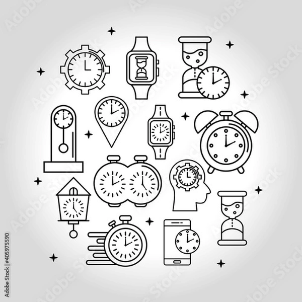 Fototapeta bundle of thirteen time set line style icons vector illustration design