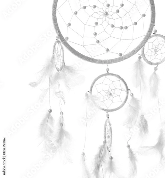 Fototapeta Beautiful handmade dream catcher on white background, closeup