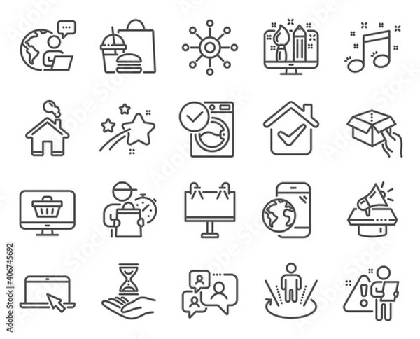 Fototapeta Business icons set. Included icon as Support chat, Creative design, Mobile internet signs. Road banner, Hold box, Web shop symbols. Multichannel, Portable computer, Megaphone. Musical note. Vector