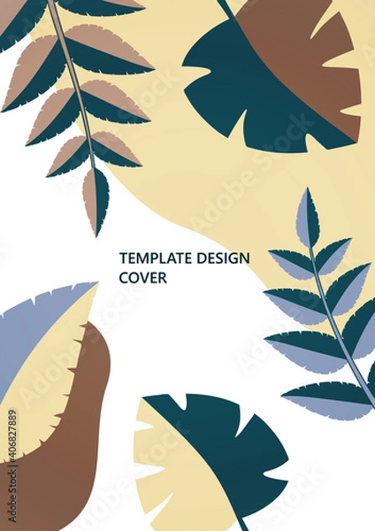 Fototapeta Geometric shapes, abstract tropical leaves on a white background. Dynamic template for your cover design. Vector