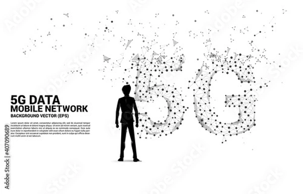 Fototapeta Silhouette of businessman and Polygon dot connect line shaped 5G mobile networking. Concept for mobile sim card technology and network.