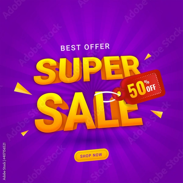 Fototapeta 3D Super Sale Text With 50% Discount Tag On Purple Rays Background For Advertising Concept.