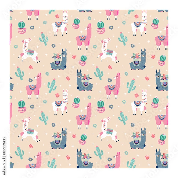 Fototapeta Seamless pattern with lama and cactus. Vector background