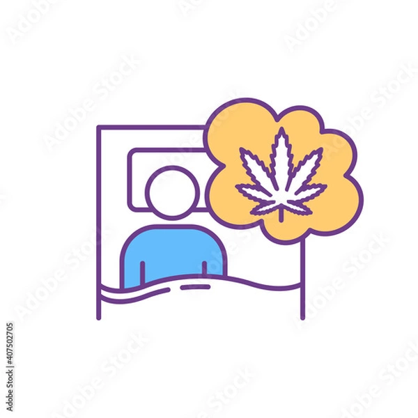 Fototapeta Cannabis addiction RGB color icon. Drug abuse. Man thinking of marijuana. Psychological help and counseling for smoker. Smoking obsession. Rehabilitation center treatment. Isolated vector illustration