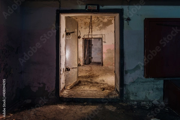 Fototapeta Opened heavy steel armored hermetic door in the Soviet bomb shelter