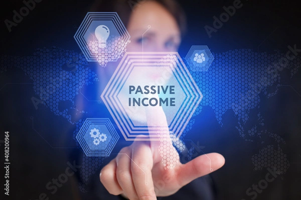 Fototapeta Business, Technology, Internet and network concept. Young businessman working on a virtual screen of the future and sees the inscription: Passive income